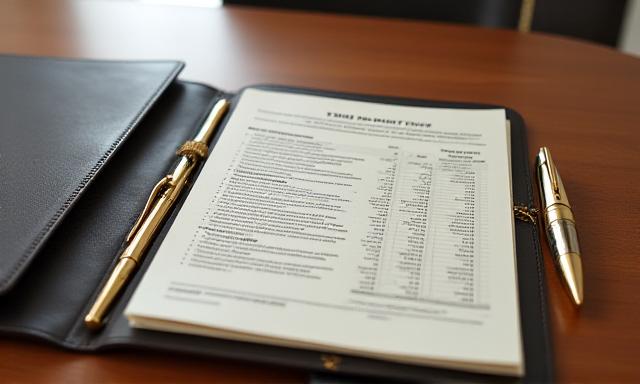 Corporate financial report with analytical graphs and a pen